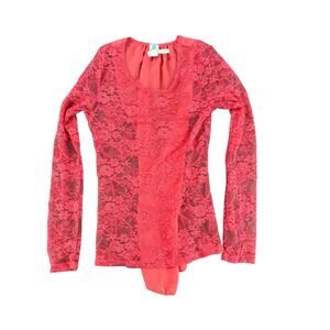 Vintage Y2K Hot Pink Lace Sheer Long Sleeve Blouse Retro Coquette Small